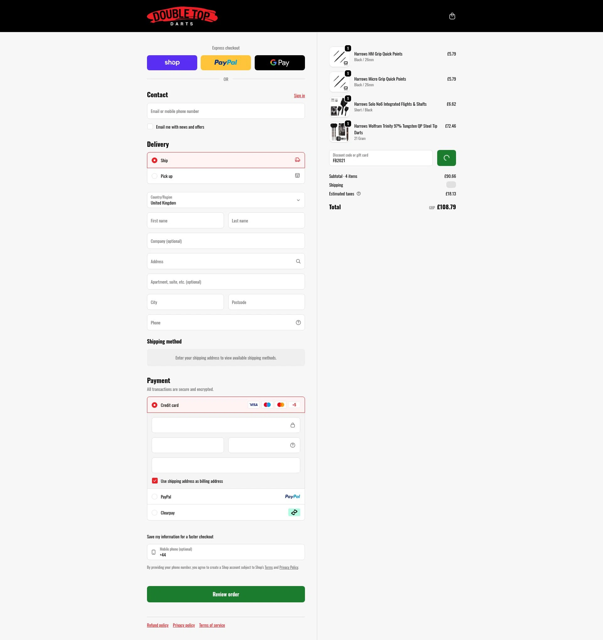 Double Top Darts checkout page showing Double Top Darts discount code box | Screenshot taken by SimplyCodes community member on Feb 4, 2026