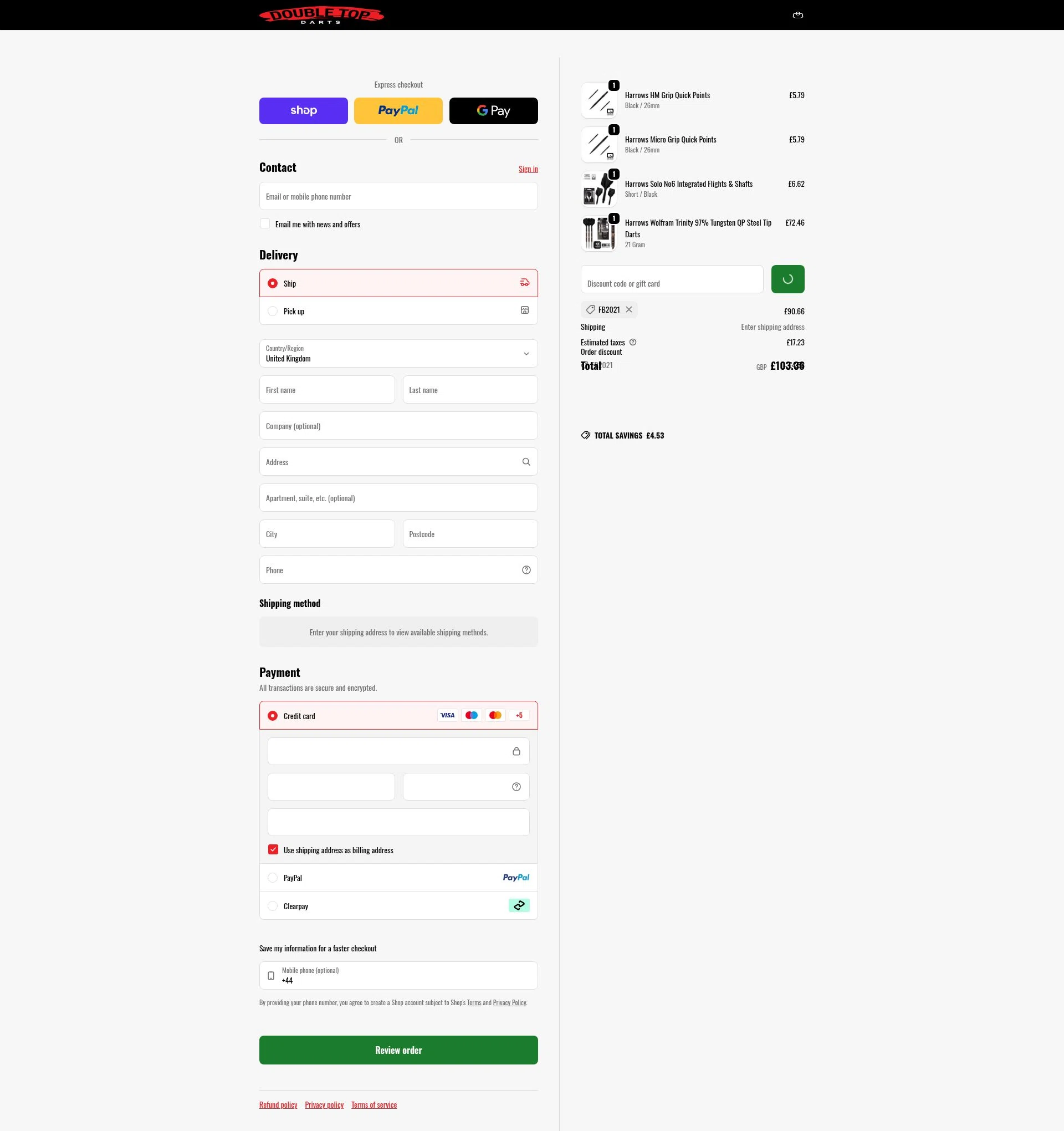 Double Top Darts checkout page showing Double Top Darts discount code box | Screenshot taken by SimplyCodes community member on Feb 9, 2026