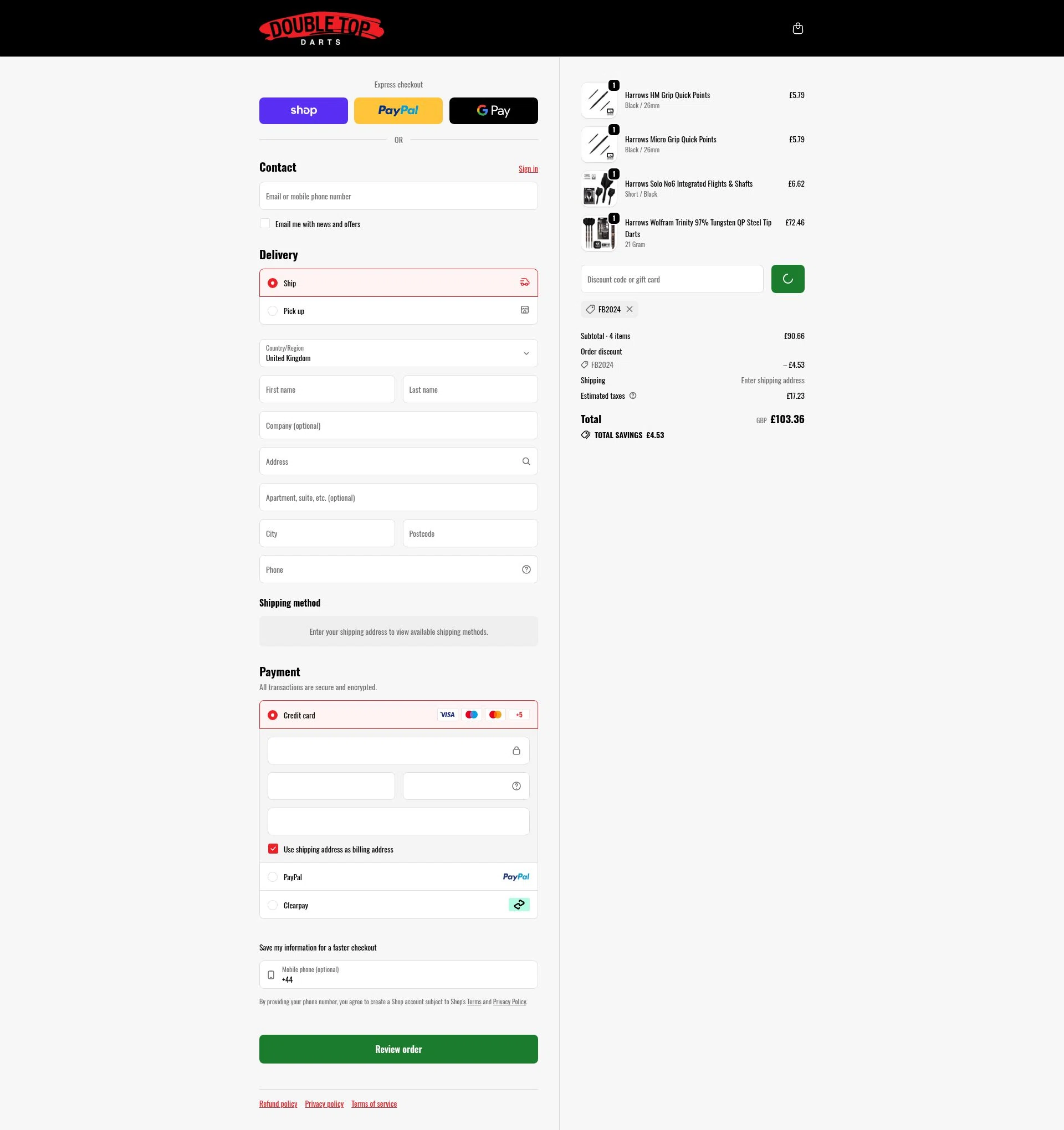 Double Top Darts checkout page showing Double Top Darts discount code box | Screenshot taken by SimplyCodes community member on Feb 9, 2026
