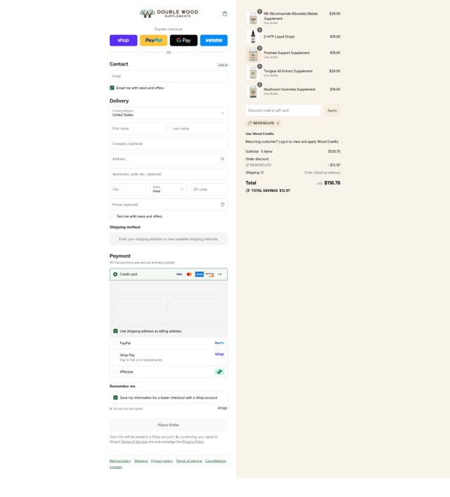 Double Wood Supplements checkout page showing Double Wood Supplements discount code box | Screenshot taken by SimplyCodes community member on Sep 3, 2025
