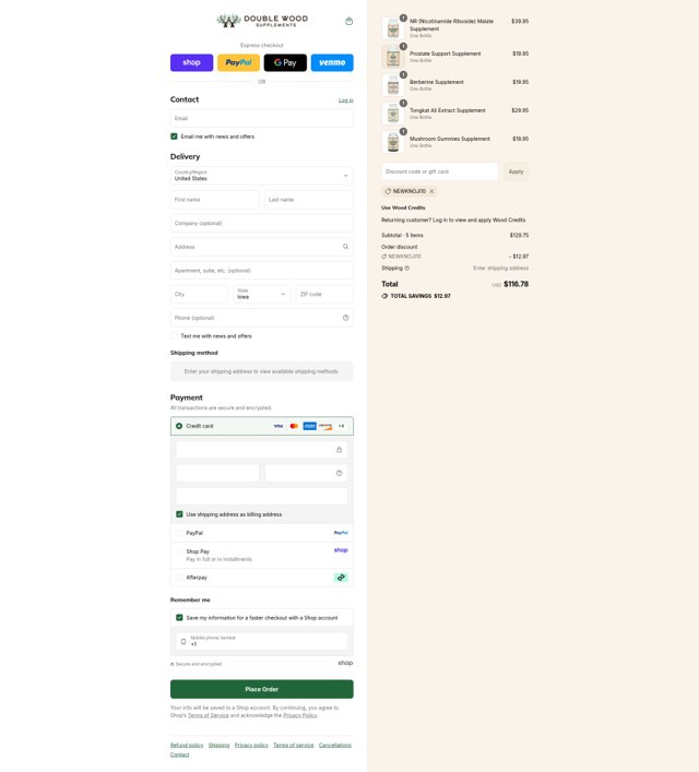 Double Wood Supplements checkout page showing Double Wood Supplements discount code box | Screenshot taken by SimplyCodes community member on Sep 7, 2025