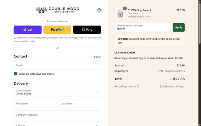 Double Wood Supplements checkout page showing Double Wood Supplements discount code box | Screenshot taken by SimplyCodes community member on Sep 5, 2025