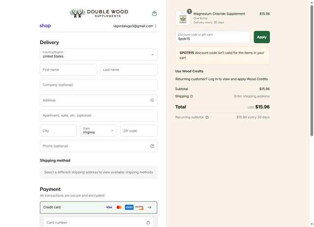 Double Wood Supplements checkout page showing Double Wood Supplements discount code box | Screenshot taken by SimplyCodes community member on Aug 29, 2025