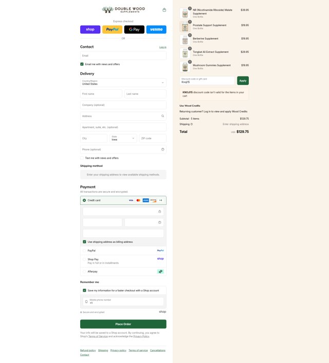 Double Wood Supplements checkout page showing Double Wood Supplements discount code box | Screenshot taken by SimplyCodes community member on Sep 7, 2025