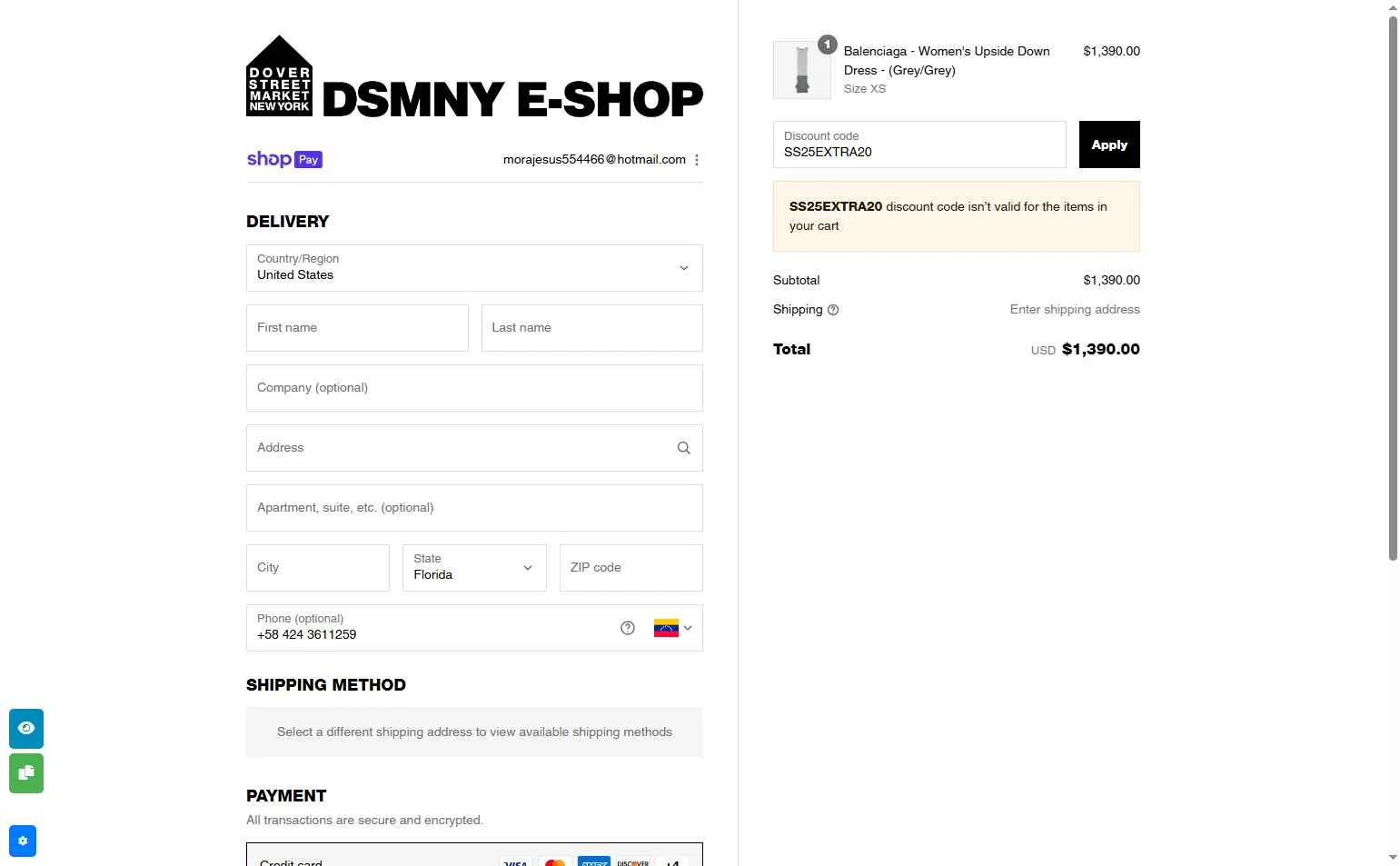 Dover Street Market checkout page showing Dover Street Market discount code box | Screenshot taken by SimplyCodes community member on Aug 6, 2025