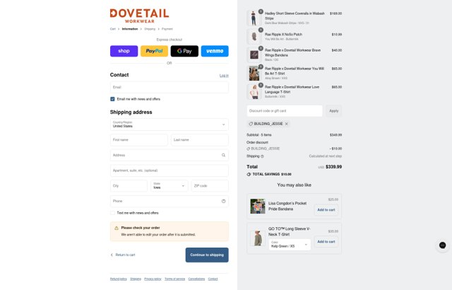 Dovetail Workwear checkout page showing Dovetail Workwear discount code box | Screenshot taken by SimplyCodes community member on Sep 6, 2025