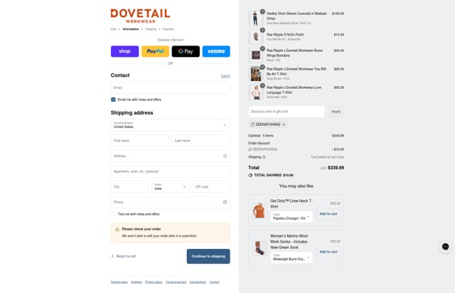 Dovetail Workwear checkout page showing Dovetail Workwear discount code box | Screenshot taken by SimplyCodes community member on Sep 6, 2025