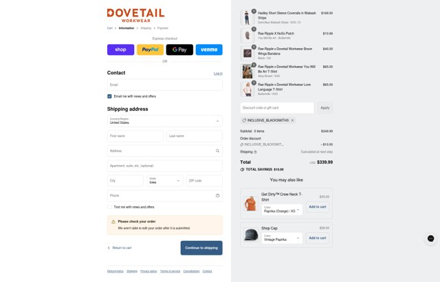 Dovetail Workwear checkout page showing Dovetail Workwear discount code box | Screenshot taken by SimplyCodes community member on Aug 29, 2025