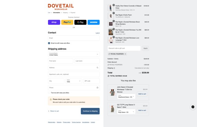 Dovetail Workwear checkout page showing Dovetail Workwear discount code box | Screenshot taken by SimplyCodes community member on Sep 6, 2025