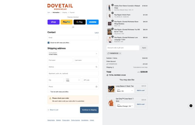 Dovetail Workwear checkout page showing Dovetail Workwear discount code box | Screenshot taken by SimplyCodes community member on Aug 29, 2025