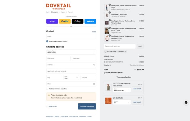 Dovetail Workwear checkout page showing Dovetail Workwear discount code box | Screenshot taken by SimplyCodes community member on Aug 29, 2025