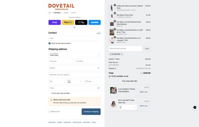 Dovetail Workwear checkout page showing Dovetail Workwear discount code box | Screenshot taken by SimplyCodes community member on Sep 6, 2025