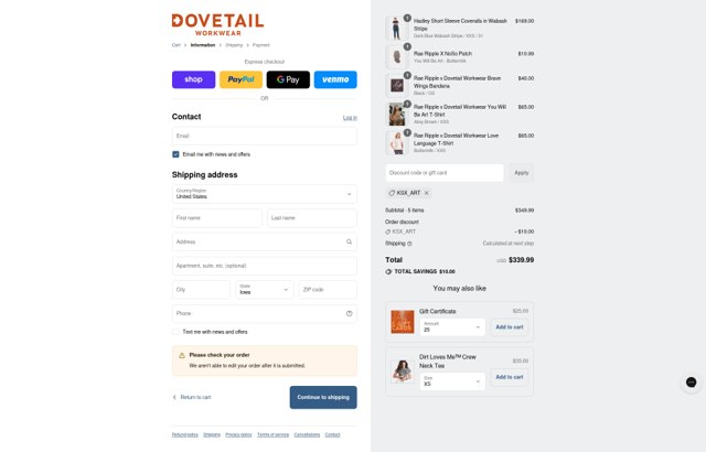 Dovetail Workwear checkout page showing Dovetail Workwear discount code box | Screenshot taken by SimplyCodes community member on Aug 29, 2025