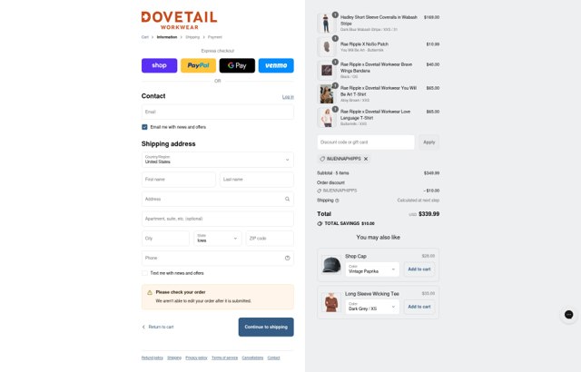 Dovetail Workwear checkout page showing Dovetail Workwear discount code box | Screenshot taken by SimplyCodes community member on Aug 29, 2025