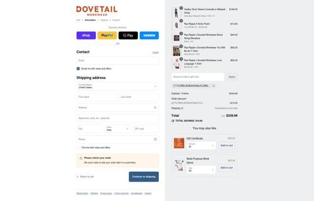 Dovetail Workwear checkout page showing Dovetail Workwear discount code box | Screenshot taken by SimplyCodes community member on Sep 6, 2025