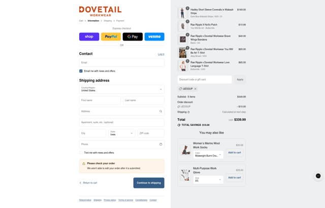 Dovetail Workwear checkout page showing Dovetail Workwear discount code box | Screenshot taken by SimplyCodes community member on Aug 29, 2025