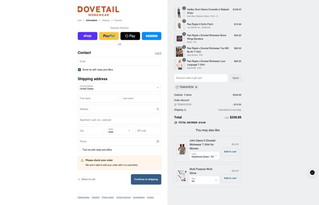 Dovetail Workwear checkout page showing Dovetail Workwear discount code box | Screenshot taken by SimplyCodes community member on Sep 6, 2025