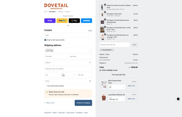 Dovetail Workwear checkout page showing Dovetail Workwear discount code box | Screenshot taken by SimplyCodes community member on Aug 29, 2025