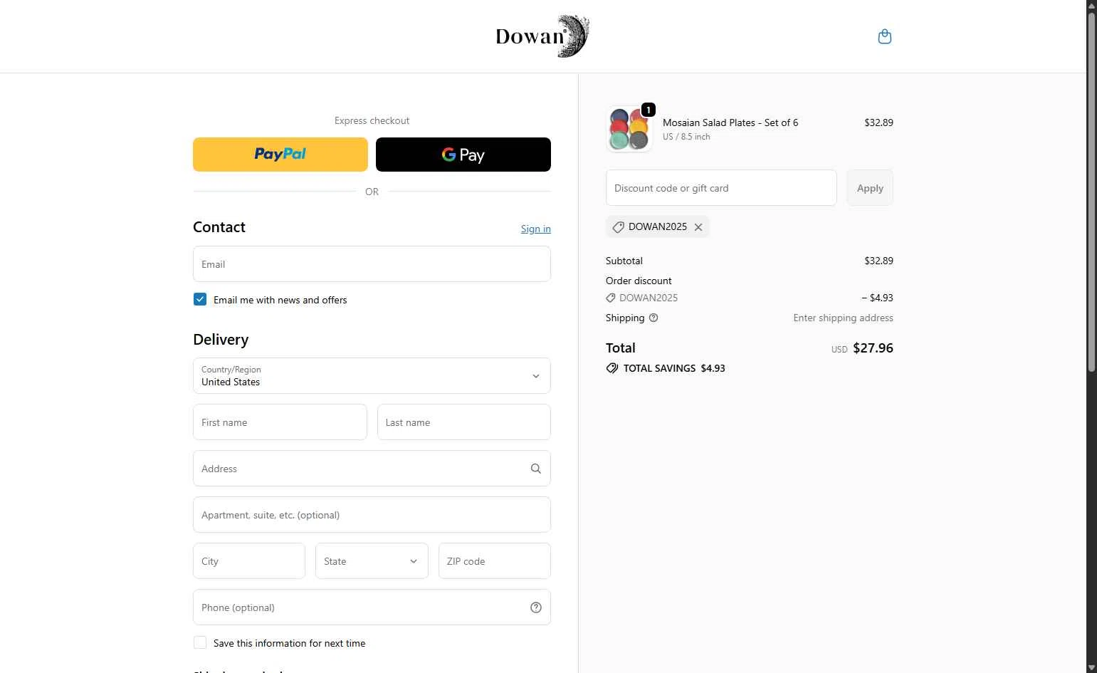 DOWAN checkout page showing DOWAN promo code box | Screenshot taken by SimplyCodes community member on Jan 3, 2026