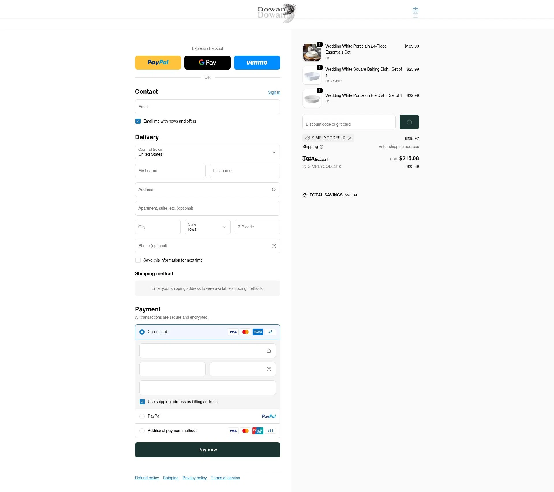 DOWAN checkout page showing DOWAN promo code box | Screenshot taken by SimplyCodes community member on Jan 5, 2026