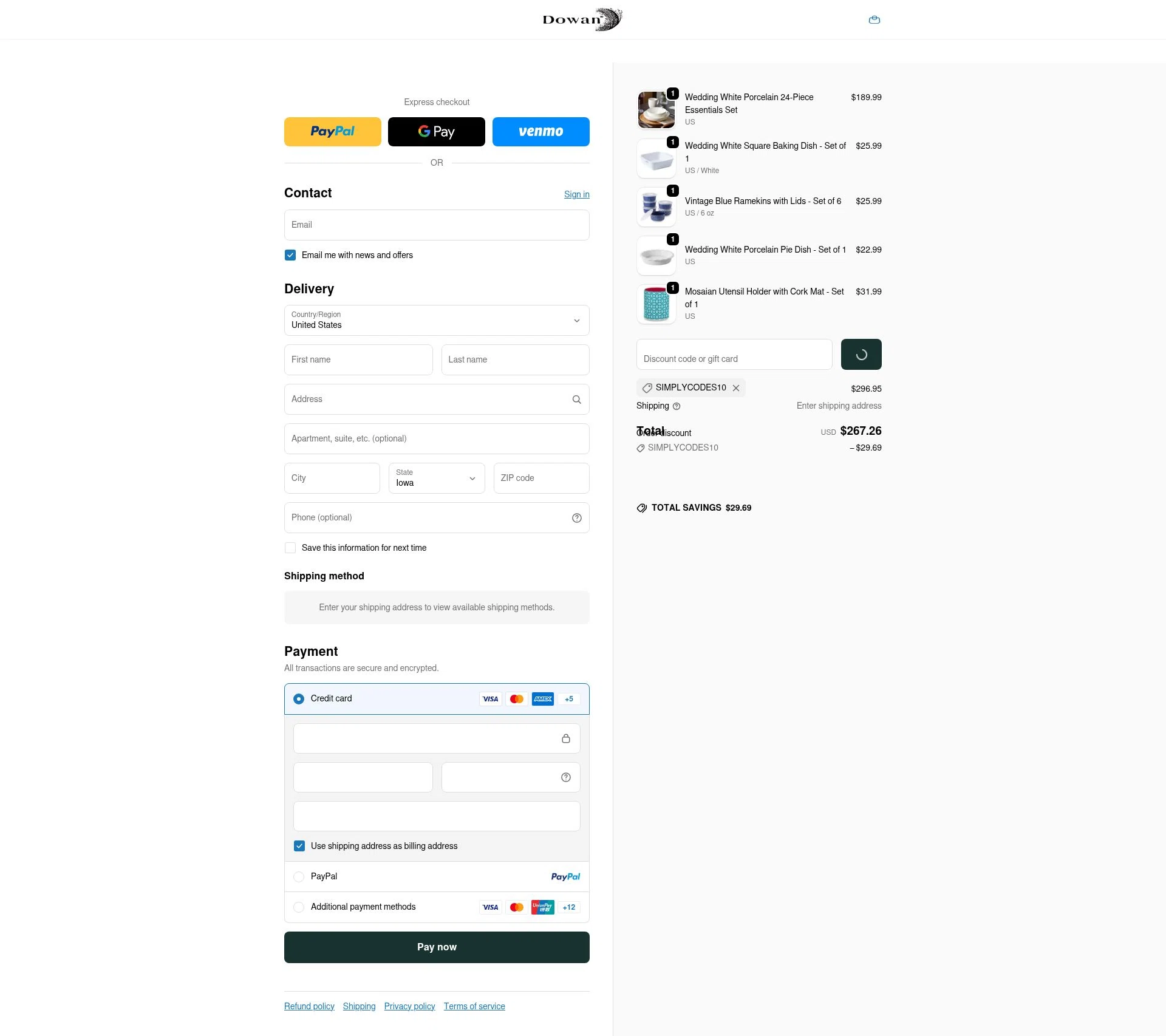 DOWAN checkout page showing DOWAN promo code box | Screenshot taken by SimplyCodes community member on Jan 10, 2026