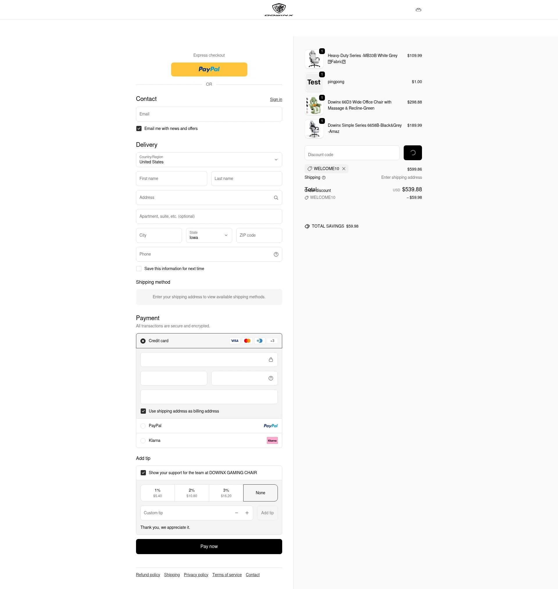 Dowinx checkout page showing Dowinx discount code box | Screenshot taken by SimplyCodes community member on Jan 10, 2026