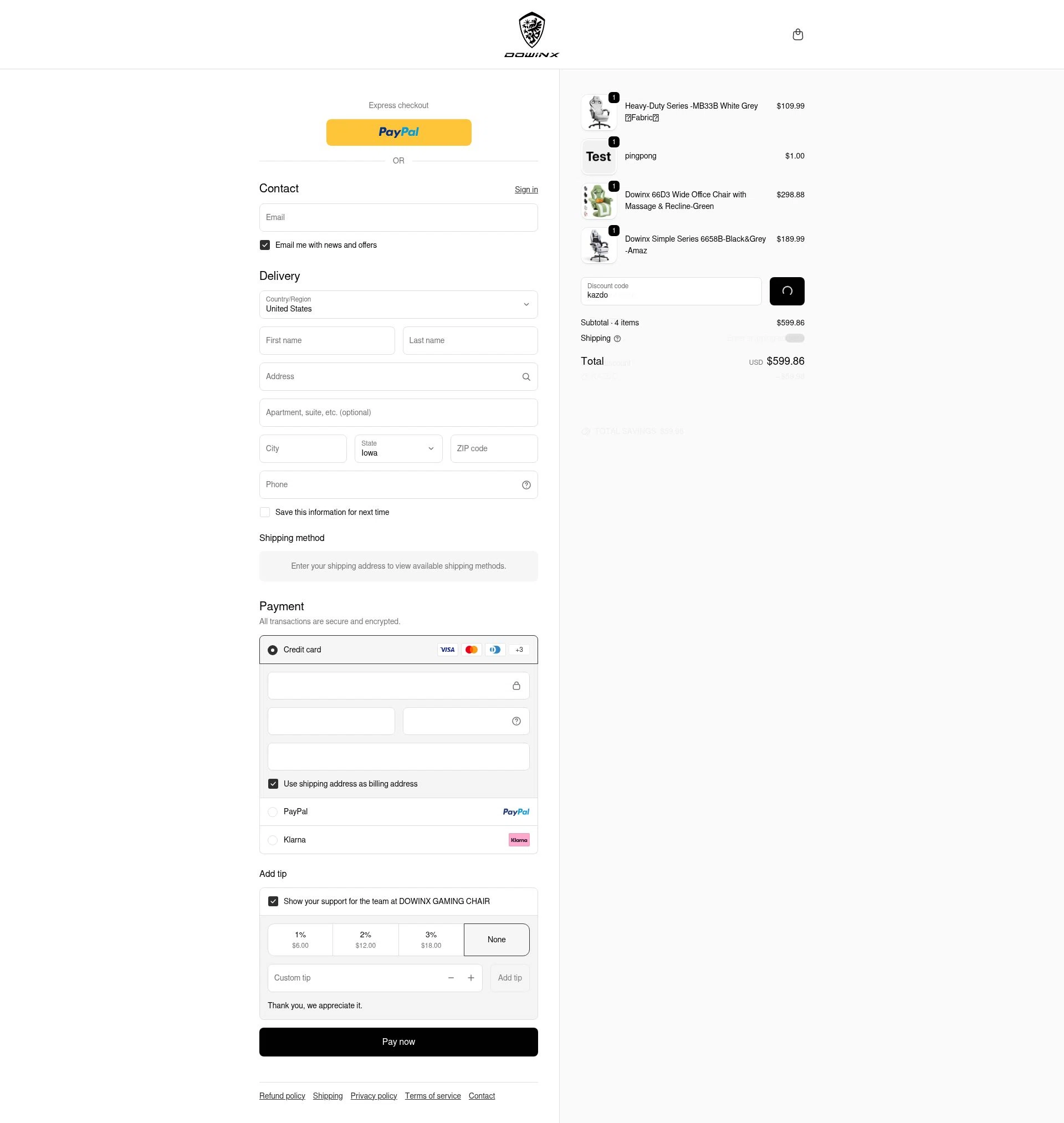 Dowinx checkout page showing Dowinx discount code box | Screenshot taken by SimplyCodes community member on Jan 10, 2026
