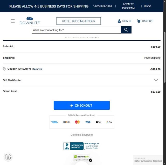 Downlite Bedding checkout page showing Downlite Bedding promo code box | Screenshot taken by SimplyCodes community member on Sep 4, 2025