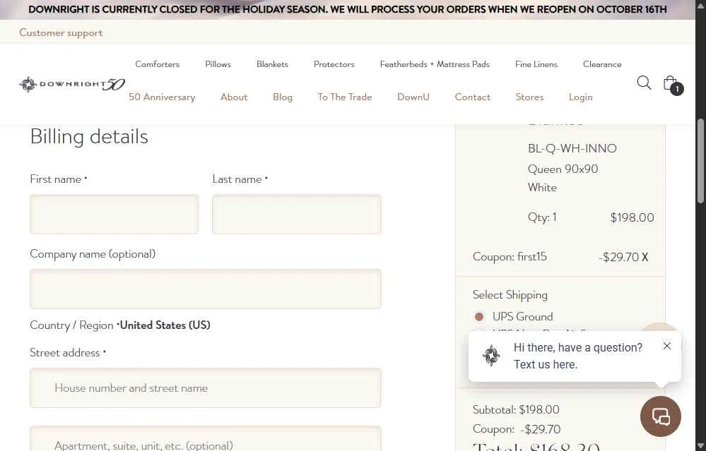 Downright checkout page showing Downright promo code box | Screenshot taken by SimplyCodes community member on Oct 15, 2025