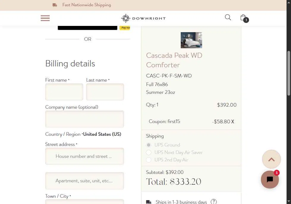 Downright checkout page showing Downright promo code box | Screenshot taken by SimplyCodes community member on May 10, 2025