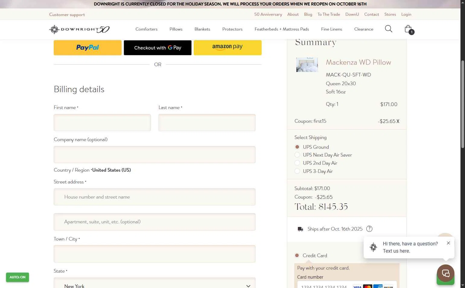 Downright checkout page showing Downright promo code box | Screenshot taken by SimplyCodes community member on Oct 4, 2025