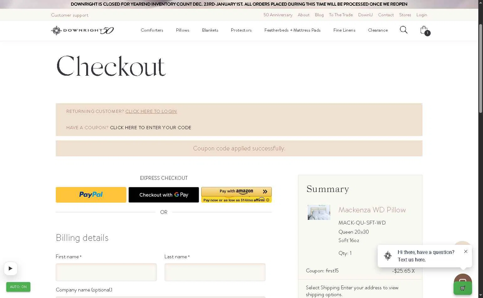 Downright checkout page showing Downright promo code box | Screenshot taken by SimplyCodes community member on Jan 3, 2026