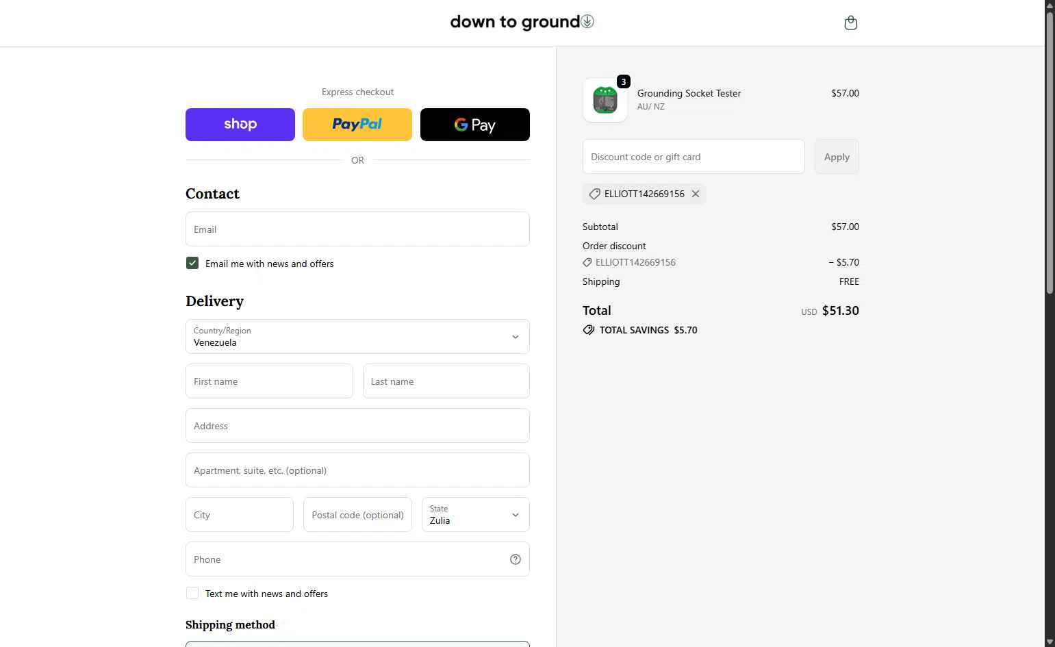 Down To Ground checkout page showing Down To Ground discount code box | Screenshot taken by SimplyCodes community member on Dec 22, 2025