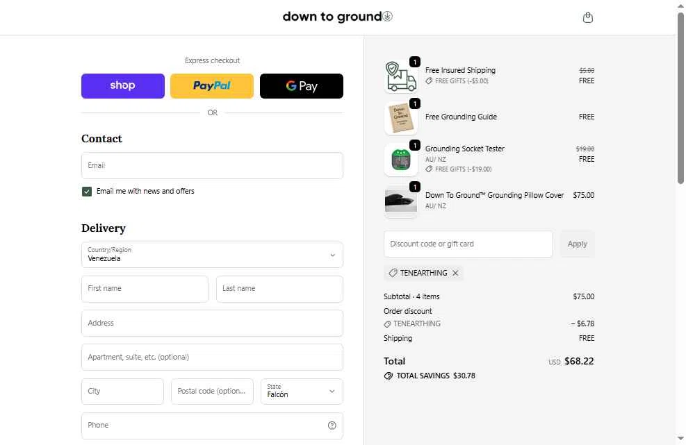 Down To Ground checkout page showing Down To Ground discount code box | Screenshot taken by SimplyCodes community member on Dec 13, 2025