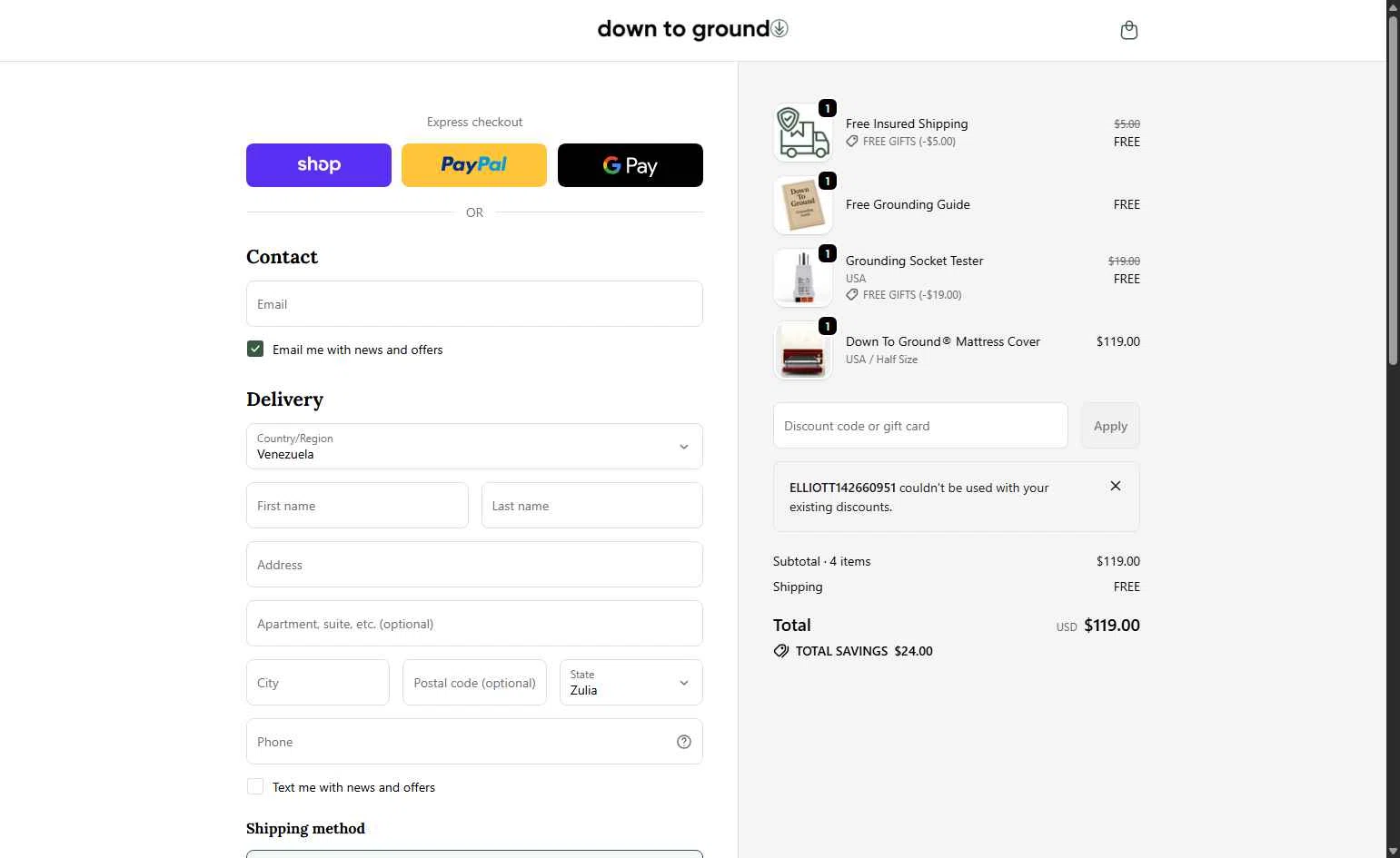 Down To Ground checkout page showing Down To Ground discount code box | Screenshot taken by SimplyCodes community member on Dec 30, 2025