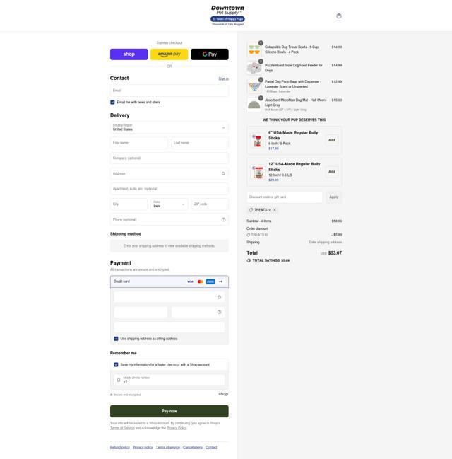 Downtown Pet Supply checkout page showing Downtown Pet Supply coupon code box | Screenshot taken by SimplyCodes community member on Sep 16, 2025