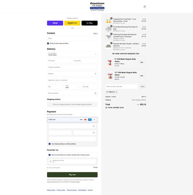 Downtown Pet Supply checkout page showing Downtown Pet Supply coupon code box | Screenshot taken by SimplyCodes community member on Sep 16, 2025