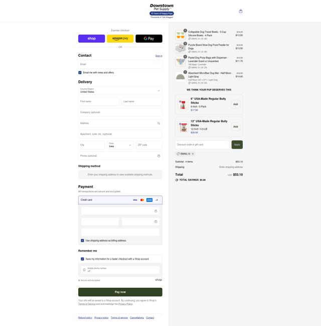 Downtown Pet Supply checkout page showing Downtown Pet Supply coupon code box | Screenshot taken by SimplyCodes community member on Sep 16, 2025