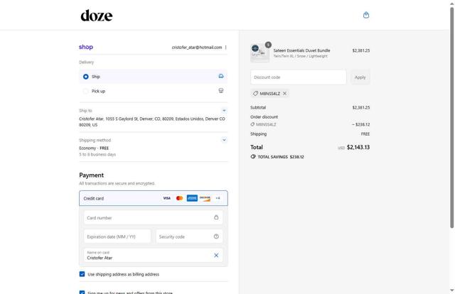 Doze Bedding checkout page showing Doze Bedding promo code box | Screenshot taken by SimplyCodes community member on Sep 4, 2025