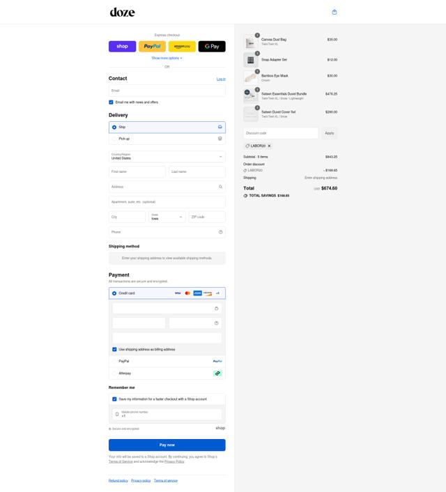 Doze Bedding checkout page showing Doze Bedding promo code box | Screenshot taken by SimplyCodes community member on Aug 31, 2025