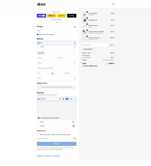 Doze Bedding checkout page showing Doze Bedding promo code box | Screenshot taken by SimplyCodes community member on Aug 27, 2025