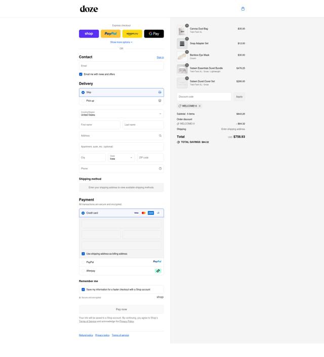 Doze Bedding checkout page showing Doze Bedding promo code box | Screenshot taken by SimplyCodes community member on Sep 13, 2025