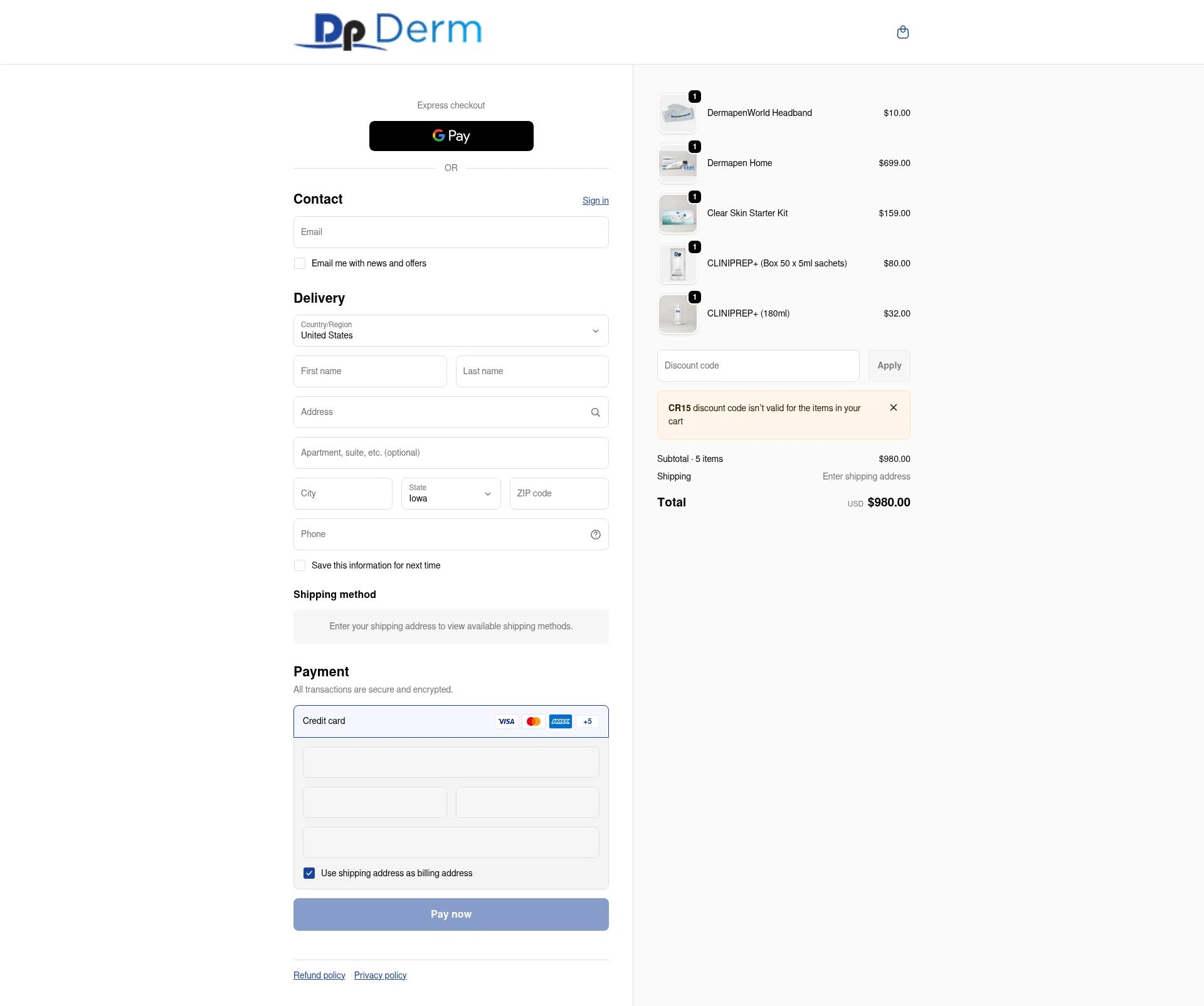 Dp Derm checkout page showing Dp Derm promo code box | Screenshot taken by SimplyCodes community member on Dec 26, 2025