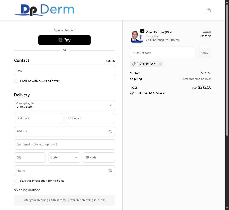 Dp Derm checkout page showing Dp Derm promo code box | Screenshot taken by SimplyCodes community member on Nov 25, 2025
