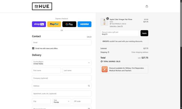 dpHUE checkout page showing dpHUE discount code box | Screenshot taken by SimplyCodes community member on Jul 24, 2025