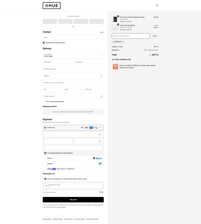 dpHUE checkout page showing dpHUE discount code box | Screenshot taken by SimplyCodes community member on Apr 25, 2025