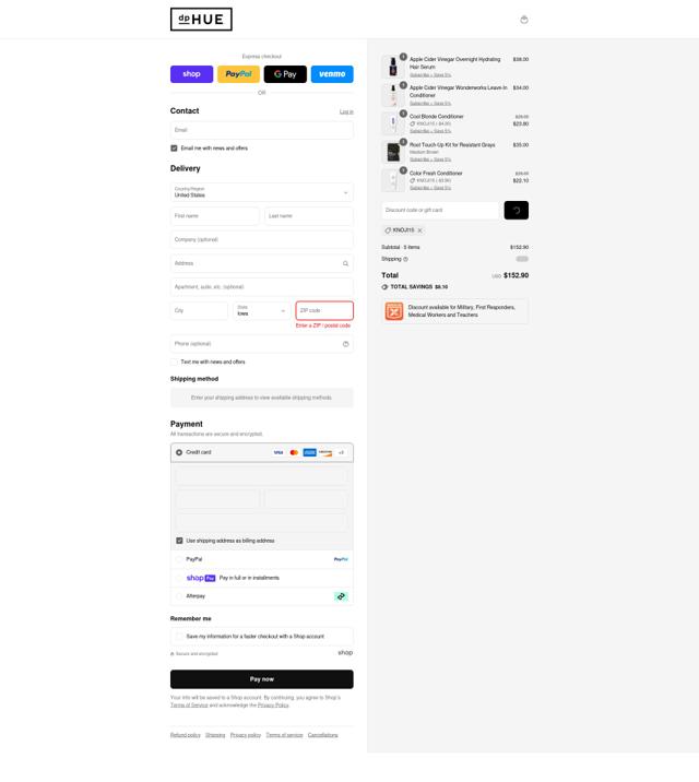 dpHUE checkout page showing dpHUE discount code box | Screenshot taken by SimplyCodes community member on Aug 12, 2025
