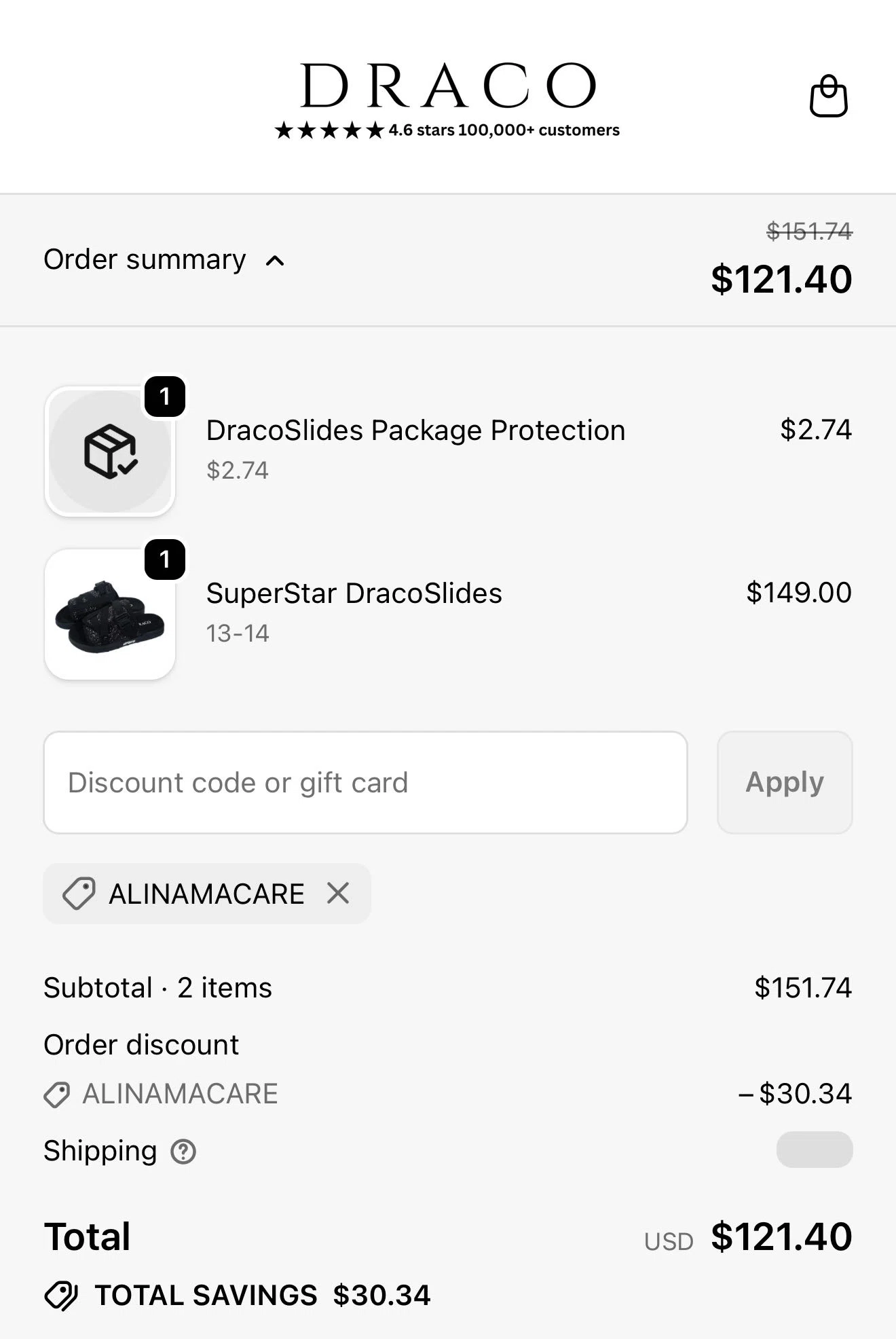 Draco Slides promo code screenshot showing code ALINAMACARE applied at Draco Slides checkout page. Uploaded by SimplyCodes community member VictoriousRanger8519 on Jan 19, 2026