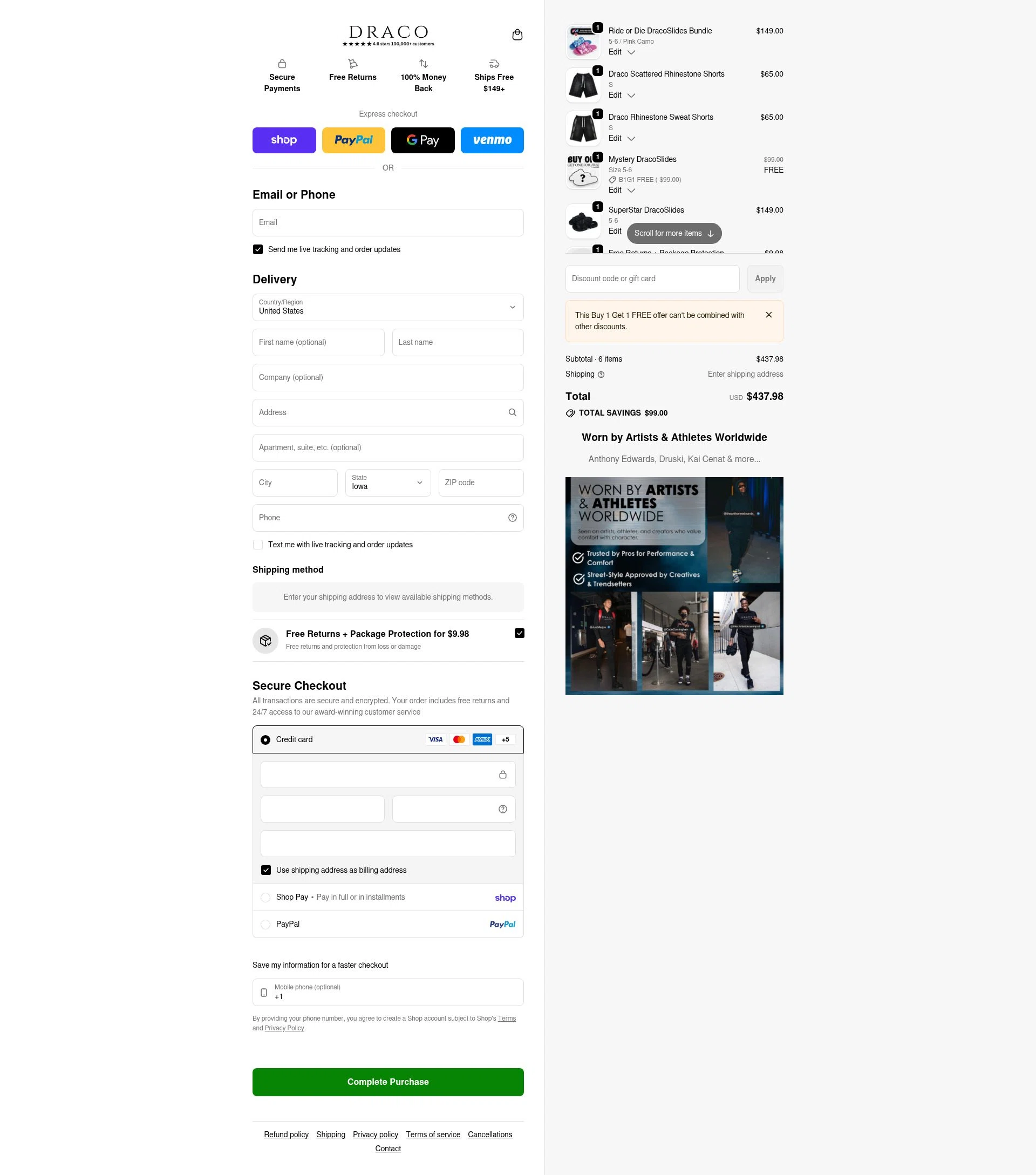 Draco Slides checkout page showing Draco Slides promo code box | Screenshot taken by SimplyCodes community member on Feb 20, 2026