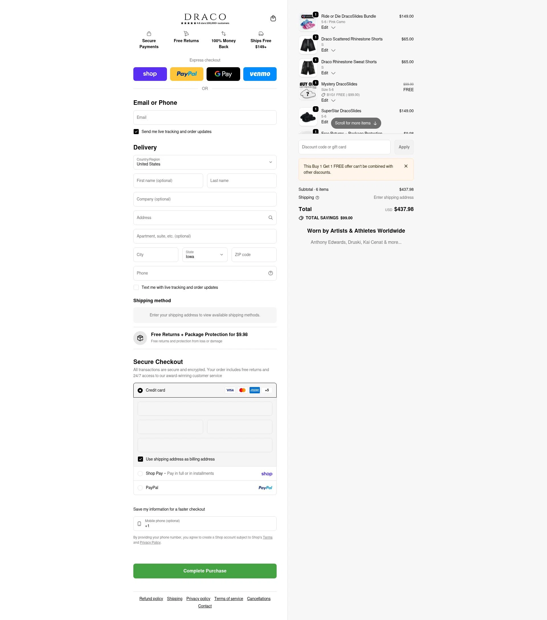 Draco Slides checkout page showing Draco Slides promo code box | Screenshot taken by SimplyCodes community member on Feb 20, 2026